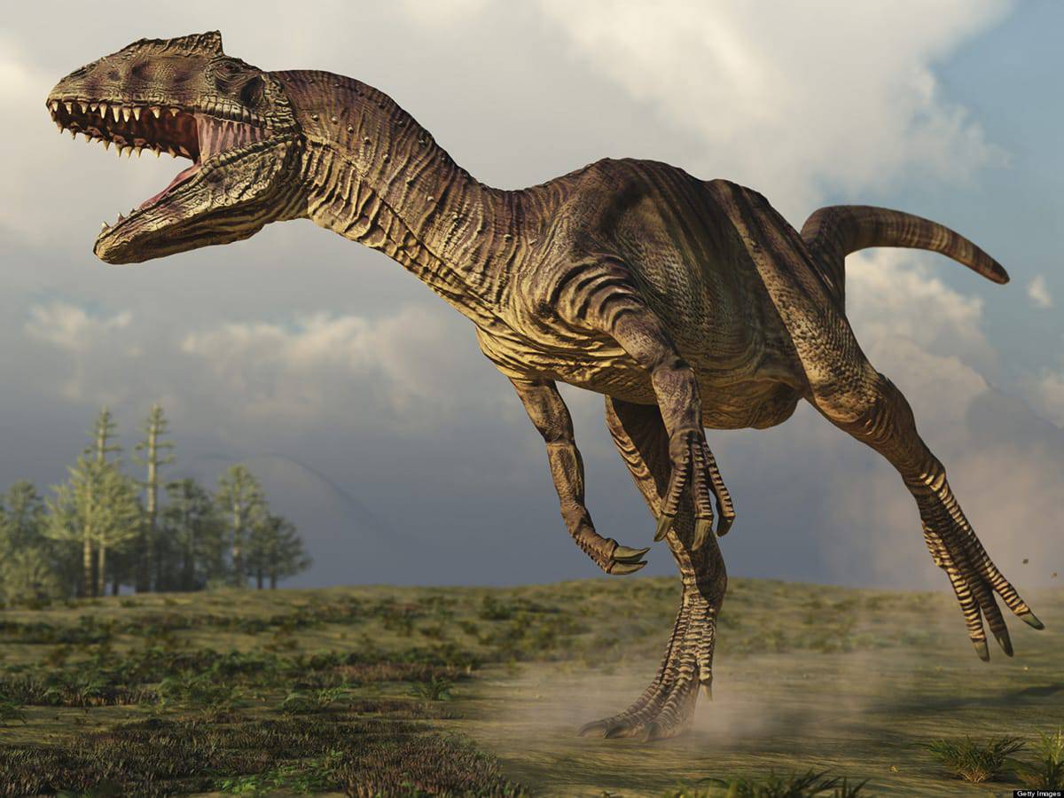 alosaurio en su hábitat, dispuesto y letal en la batalla